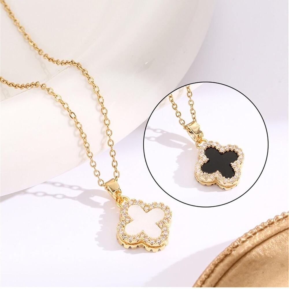 Gold Plated Black & White Clover Pendant Necklace